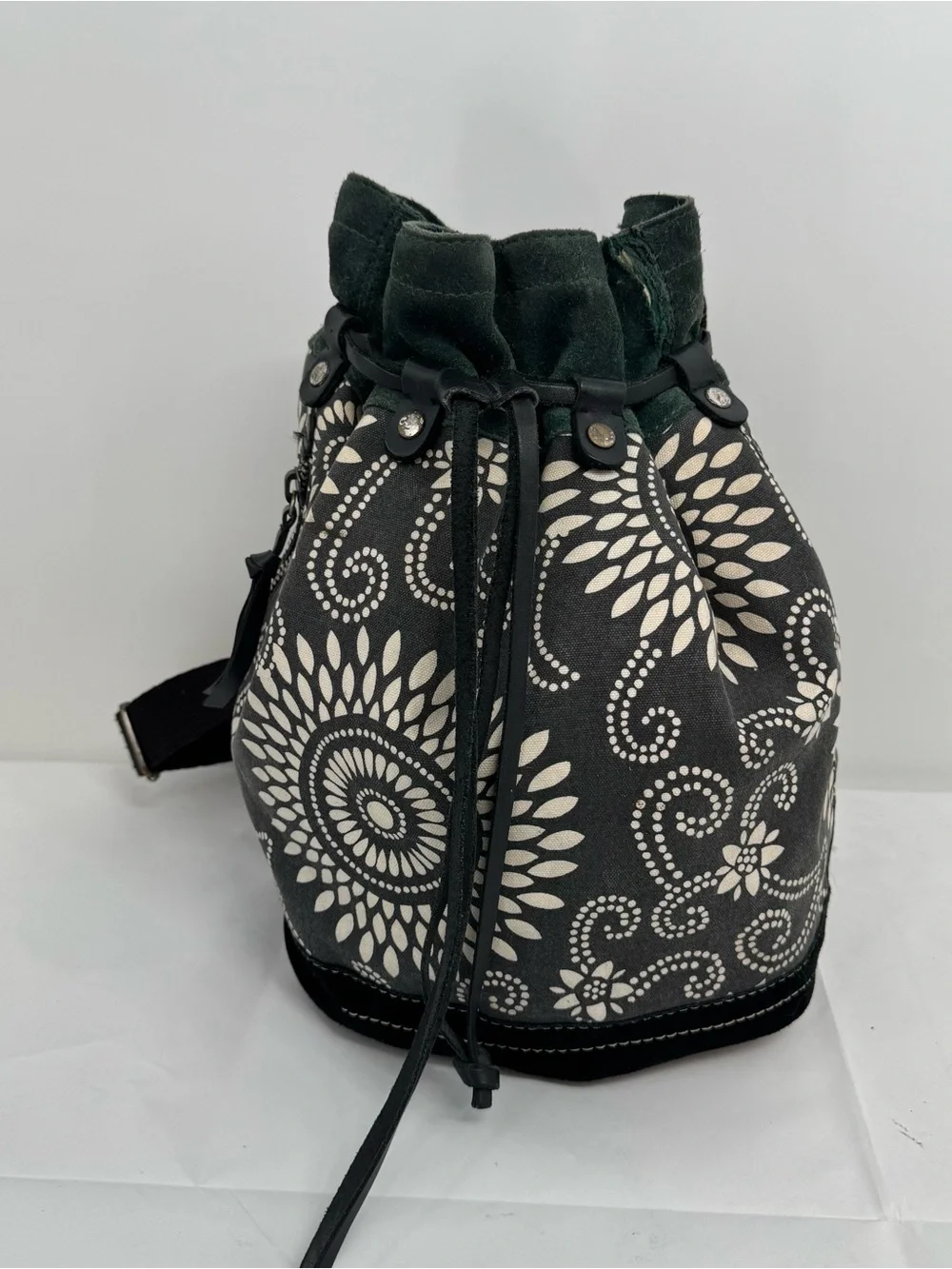 LUCKY BRAND Backpack (Deep Green Suede, Black Suede, Canvas Body, Cotton Straps)